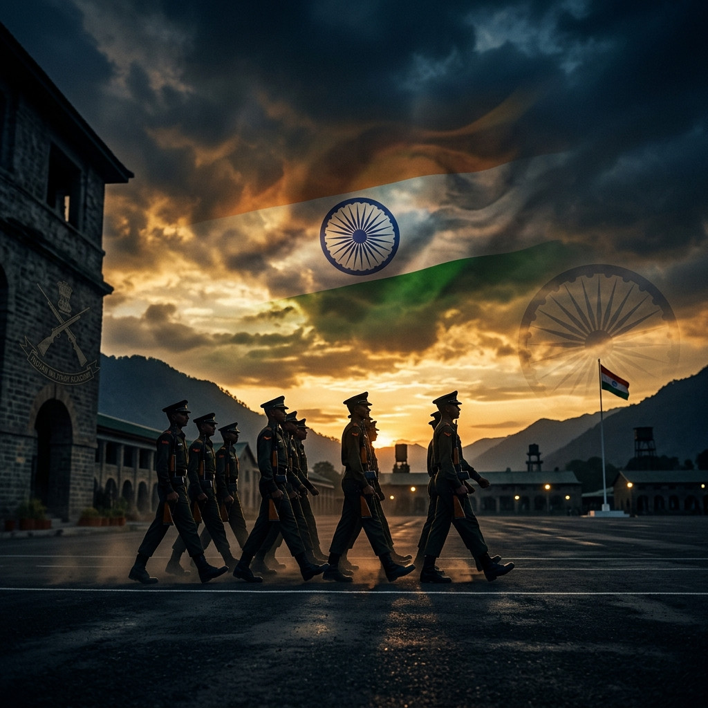 Military cadets marching at sunset